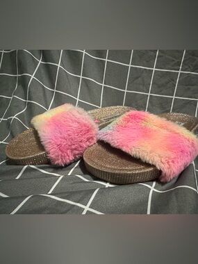 Steve Madden Pink Multi Fuzzy Slide Sandals